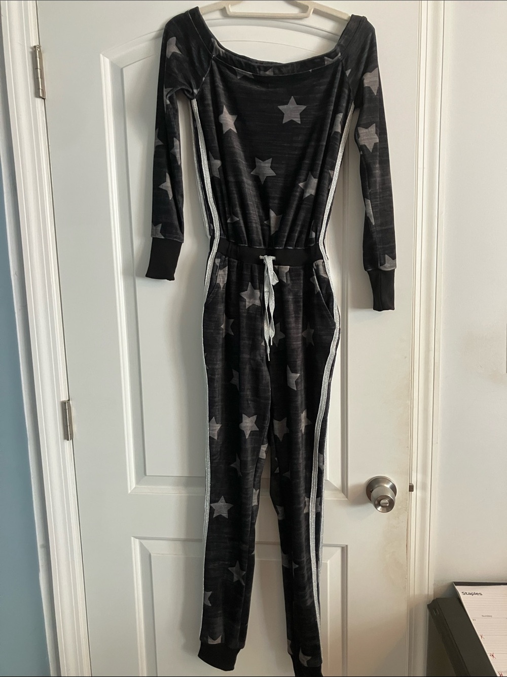 Material Girl Black Star-Print Off-Shoulder Jumpsuit with Side Stripes